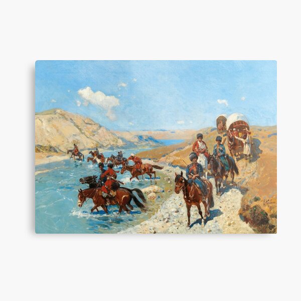 Franz Roubaud (1856–1928), Crossing of the river, oil on canvas 59 x 83.5 cm Metal Print