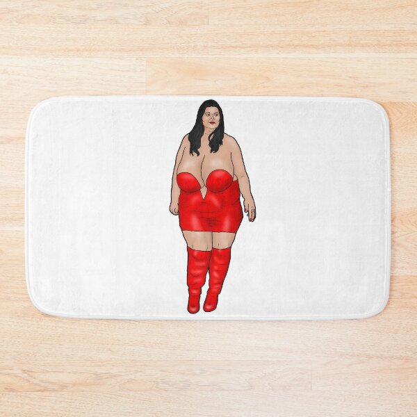 Item preview, black-haired BBW pin-up in red small and in boots designed and sold by PinUpsandPulp.