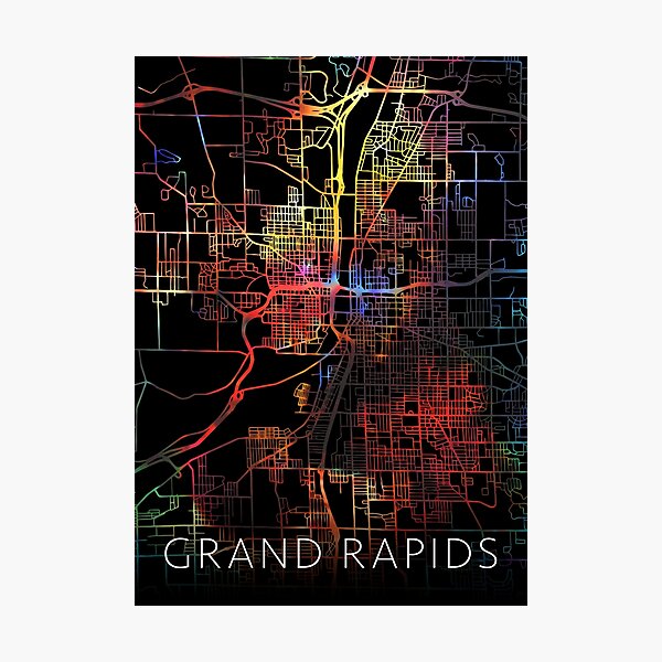 Lámina Fotográfica Mapa De Calles De La Ciudad De Grand Rapids Modo Oscuro De Map Lover 4793