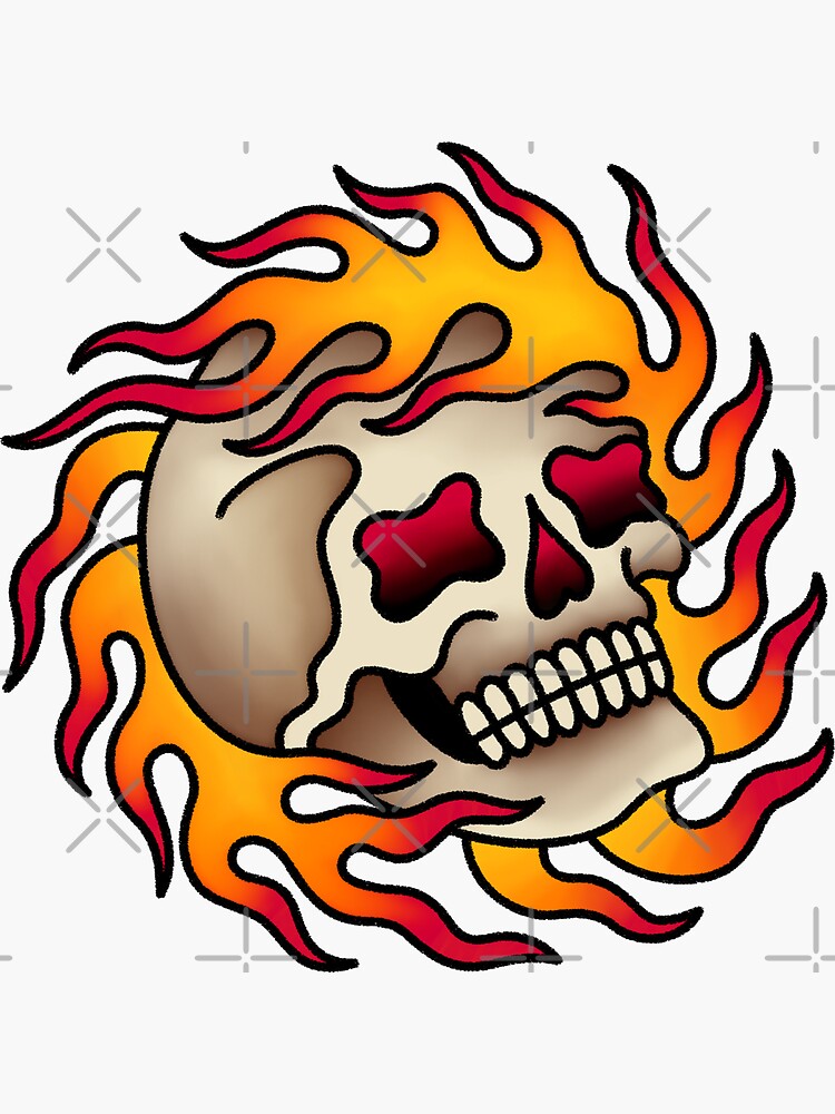 Thumbnail 3 of 3, Sticker, Salty-Dog2 American Traditional Flaming Skull designed and sold by Salty-Dog2.