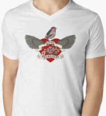 Old-school style tattoo heart with flowers and bird Men's V-Neck T-Shirt
