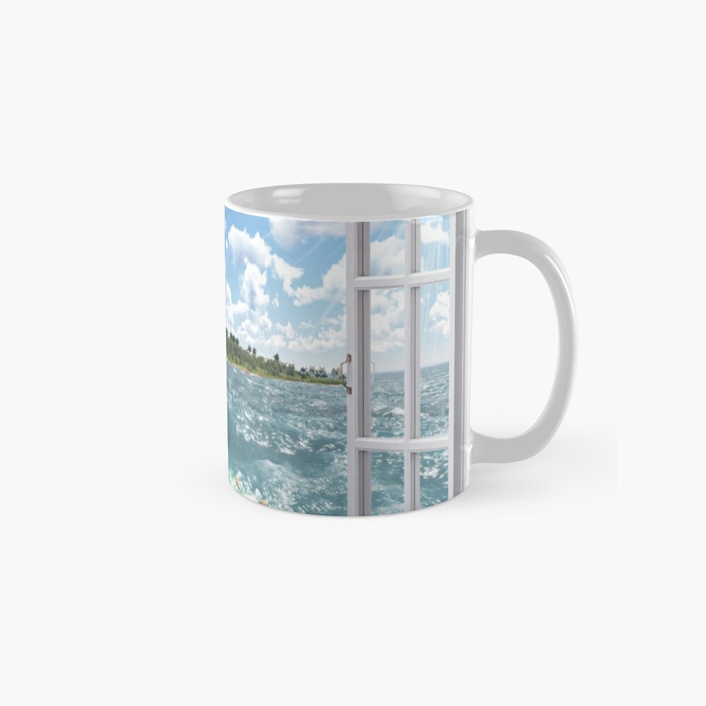 Beautiful Beach Window Views of Tropical Island, mug,standard,x1000,right-pad,1000x1000,f8f8f8