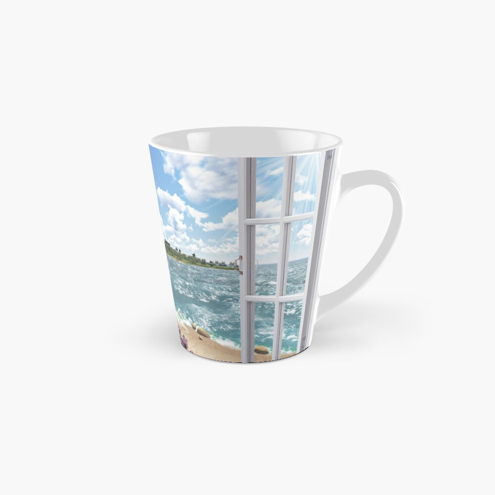Beautiful Beach Window Views of Tropical Island, mug,tall,x1000,right-pad,1000x1000,f8f8f8