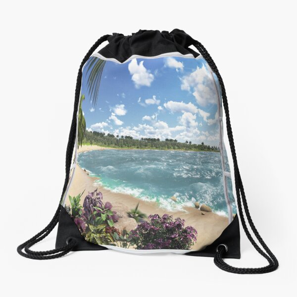 #Summer, #tropical, #beach, #water, sand, sea, island, travel, idyllic, sky, nature Drawstring Bag