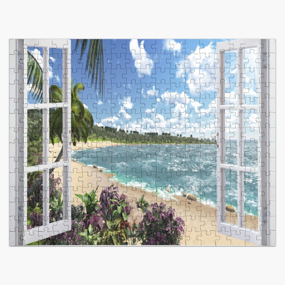 Beautiful Beach Window Views of Tropical Island, ur,jigsaw_puzzle_252_piece_flatlay,square_product,1000x1000-bg,f8f8f8