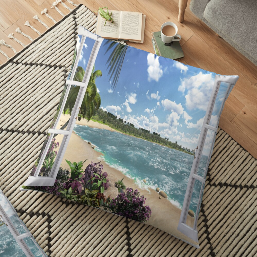 Beautiful Beach Window Views of Tropical Island, throwpillow,36x36,1000x-bg,f8f8f8-c,0,200,1000,1000