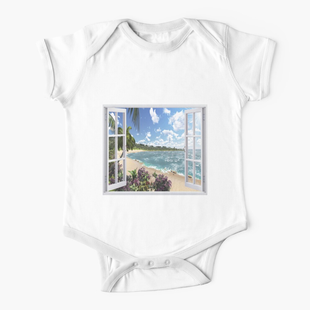 Beautiful Beach Window Views of Tropical Island, ra,shortsleeve_one_piece,x1400,FFFFFF:97ab1c12de,front-c,200,220,1000,1000-bg,f8f8f8