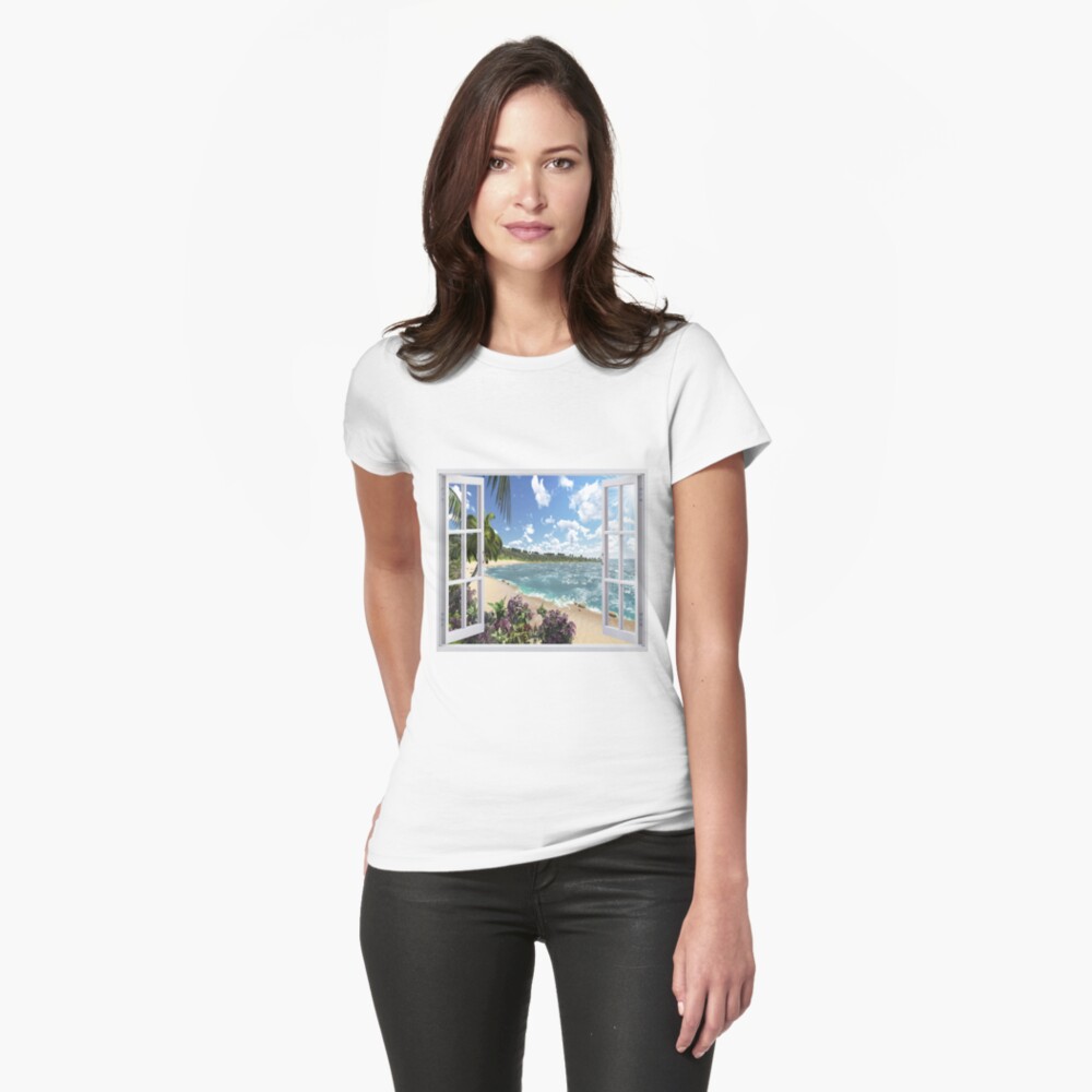 Beautiful Beach Window Views of Tropical Island, ra,womens_tshirt,x1900,fafafa:ca443f4786,front-c,140,125,1000,1000-bg,f8f8f8
