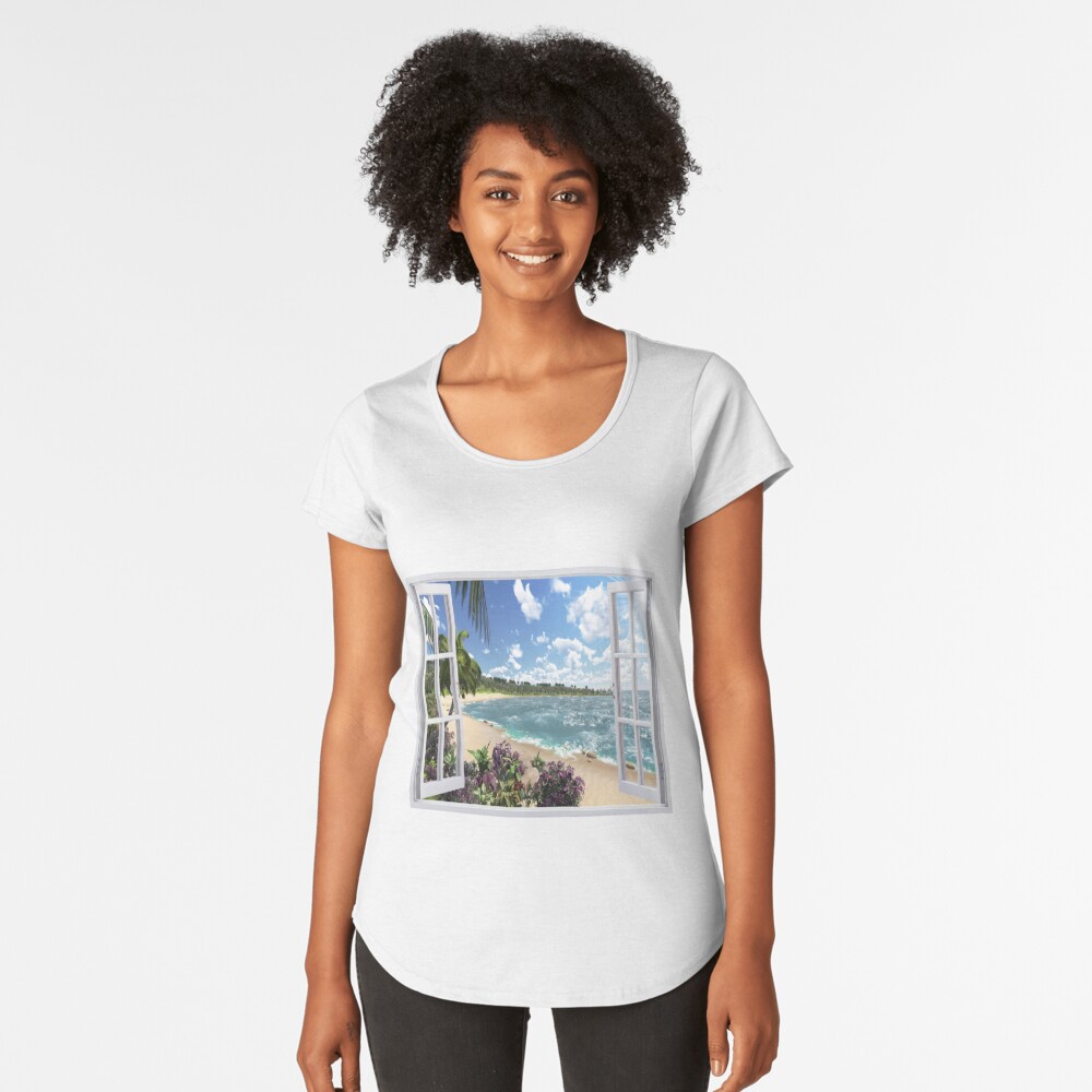 Beautiful Beach Window Views of Tropical Island, rco,womens_premium_t_shirt,womens,x1770,fafafa:ca443f4786,front-c,170,40,1000,1000-bg,f8f8f8