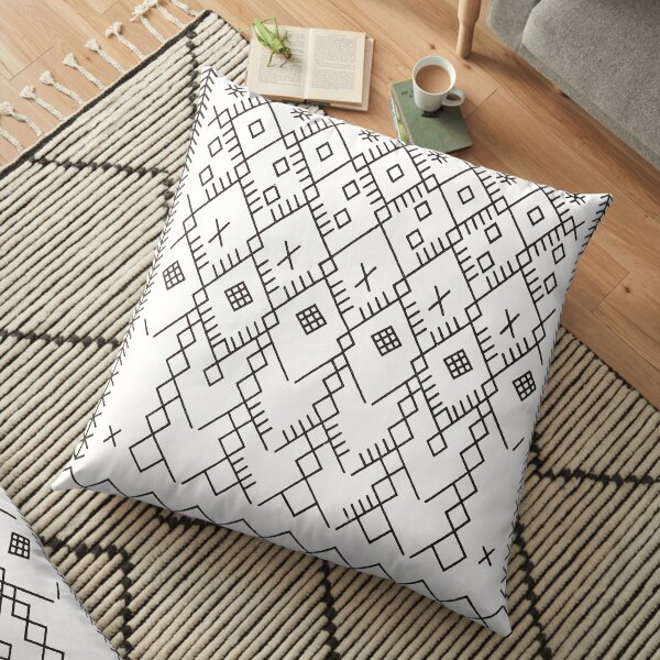 White Anthro Farmhouse & Rustic Boho White Color Bereber Moroccan Artwork Floor Pillow