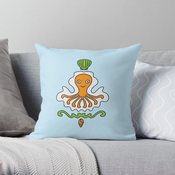 Cute Cartoon Octopus with shell and conch, sea creature - Orange and Green in blue background Throw Pillow