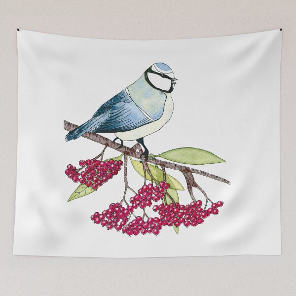 Item preview, Watercolor Blue Tit on a Branch of Rowan designed and sold by AlicjaCurioseur.