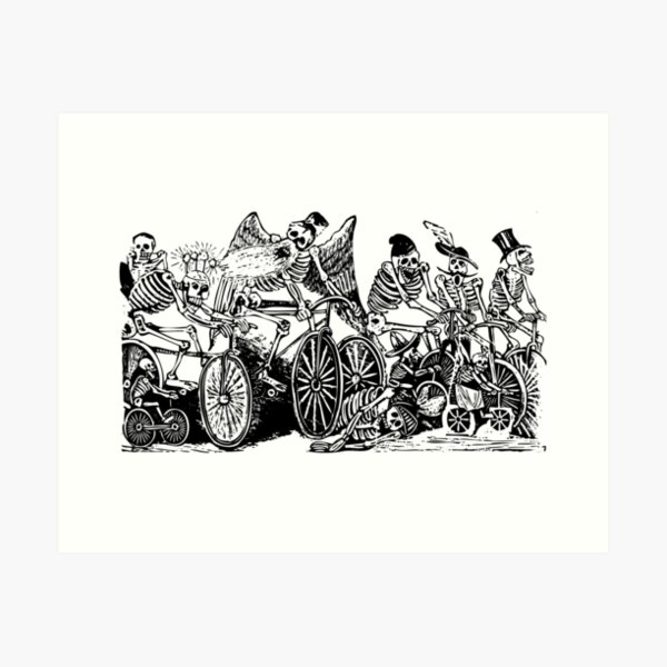Calavera Cyclists | Day of the Dead | Dia de los Muertos | Skulls and Skeletons | Vintage Skeletons | Black and White | Art Print