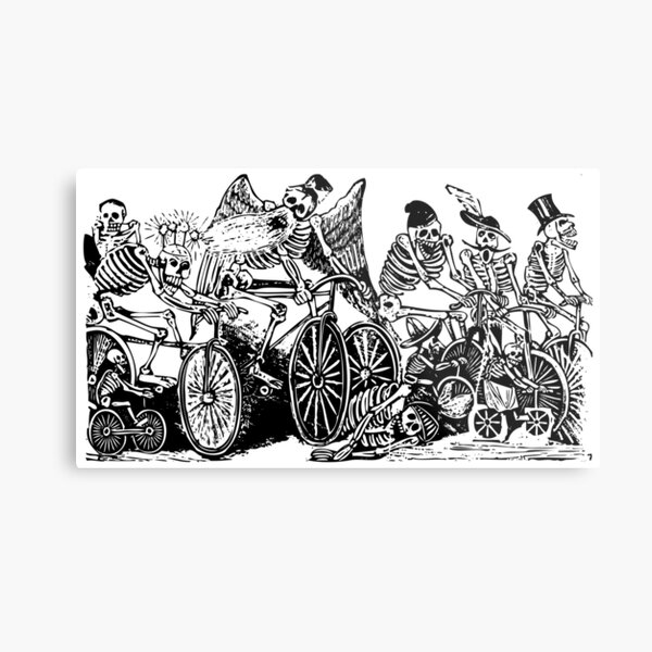 Calavera Cyclists | Day of the Dead | Dia de los Muertos | Skulls and Skeletons | Vintage Skeletons | Black and White | Metal Print