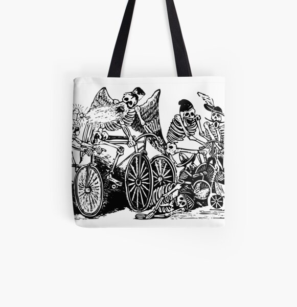 Calavera Cyclists | Day of the Dead | Dia de los Muertos | Skulls and Skeletons | Vintage Skeletons | Black and White | All Over Print Tote Bag