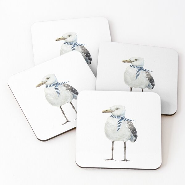 Item preview, cute white seagull with a scarf around his neck watercolor illustration designed and sold by Lana1512.