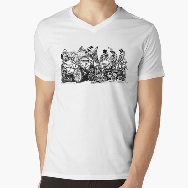 Calavera Cyclists | Day of the Dead | Dia de los Muertos | Skulls and Skeletons | Vintage Skeletons | Black and White | V-Neck T-Shirt