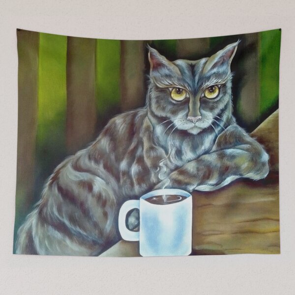 Item preview, Adorable cat paying attention to a coffee talk designed and sold by decasoart.