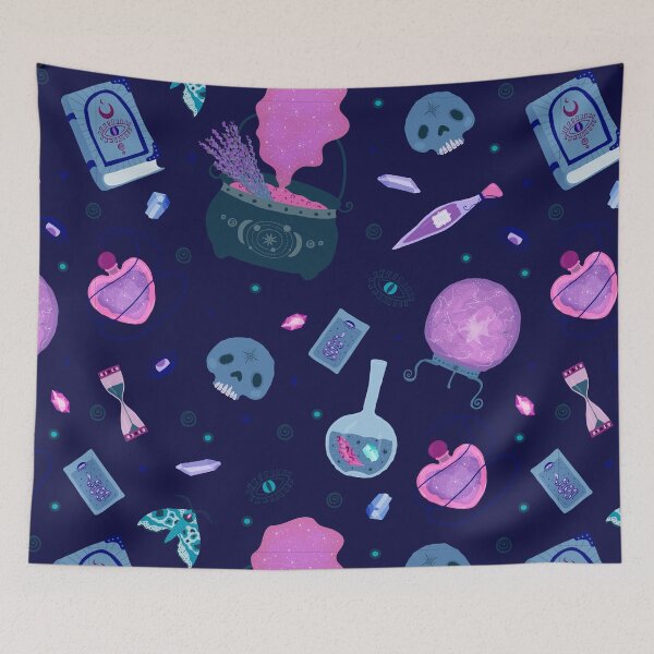 Item preview, Dark Purple Magical Witch Brewing Cauldron, Skull, Potion, Crystal Ball,  Moth and Eyes Pattern designed and sold by Alicia Chee.