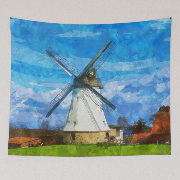Item preview, Large Blue Sky with Windmill in Lower Saxony Germany - Watercolor designed and sold by d1mology.