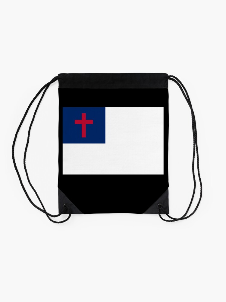 Alternate view of Christian Cross Flag Black Background Drawstring Bag