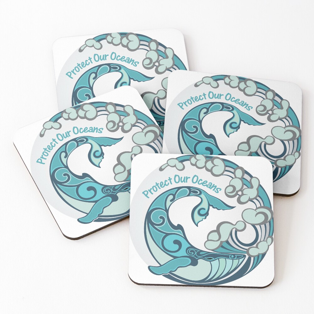 Protect Our Oceans Whale Tail Ocean Wave Coasters (Set of 4)