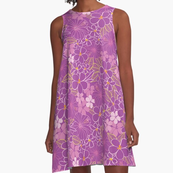 Vector purple tropical flowers seamless pattern A-Line Dress