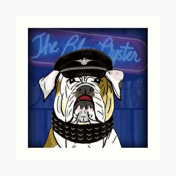 Funny and Tough Bulldog, Blue Oyster Sign in the Background Art Print