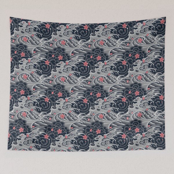 Item preview, Japanese wave with Sakura seamless pattern designed and sold by Asura-Designs.