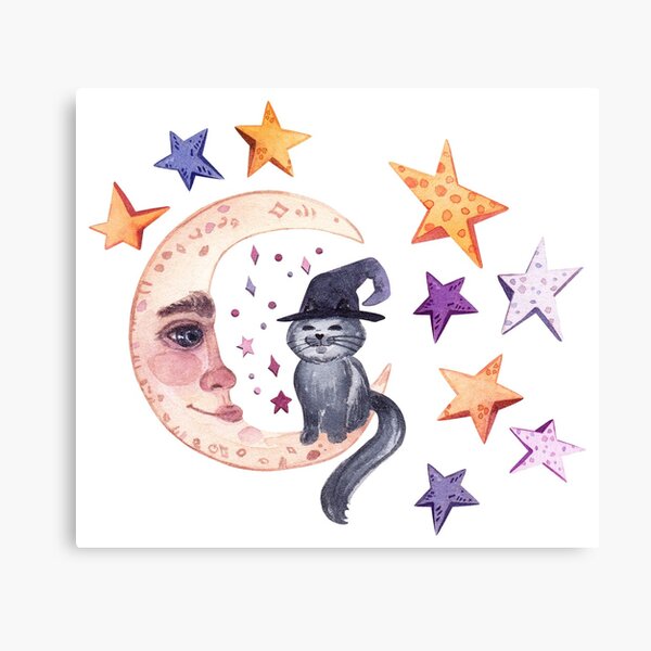 Witch cat and moon. Bright Halloween print. Canvas Print