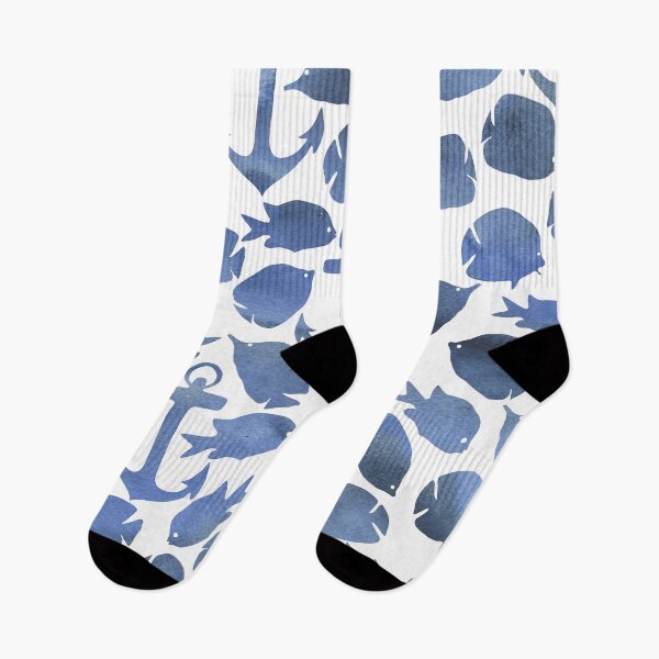 Item preview, Modern maritime pattern with anchors and fish designed and sold by stylebytara.