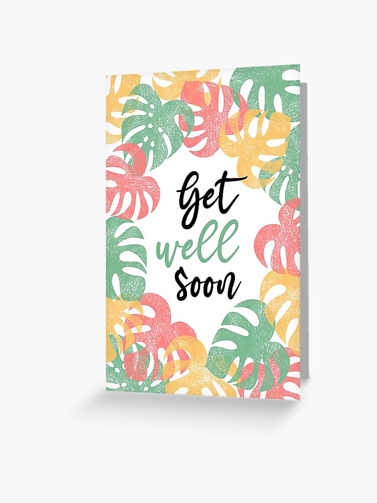 Thumbnail 1 of 2, Greeting Card, Get well soon - Monstera Leaves Green Yellow Coral Red designed and sold by Pinkdeer.