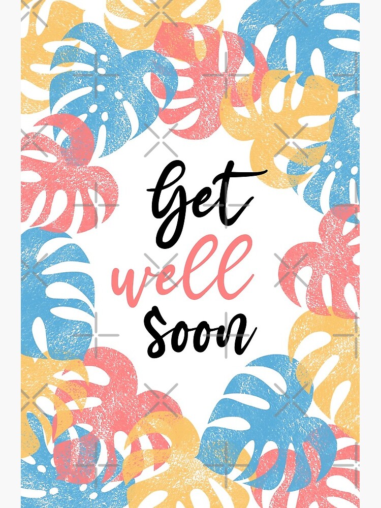 Thumbnail 2 of 2, Greeting Card, Get well soon - Monstera Leaves Blue Yellow Coral Red designed and sold by Pinkdeer.