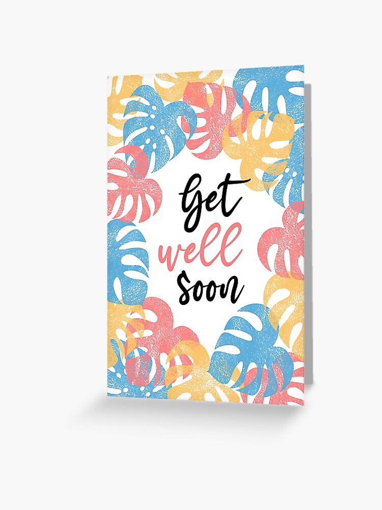 Thumbnail 1 of 2, Greeting Card, Get well soon - Monstera Leaves Blue Yellow Coral Red designed and sold by Pinkdeer.