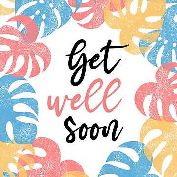 Artwork thumbnail, Get well soon - Monstera Leaves Blue Yellow Coral Red by Pinkdeer Designs