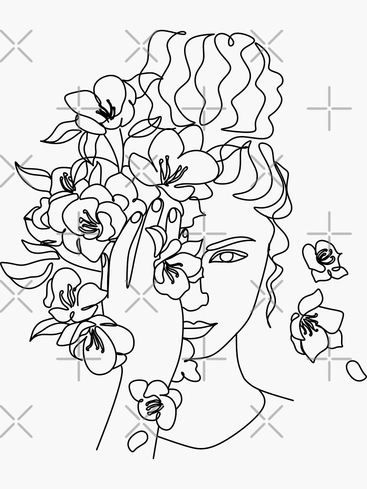 "Head Of Flowers Art Print Line Art Woman With Flowers Flower Woman