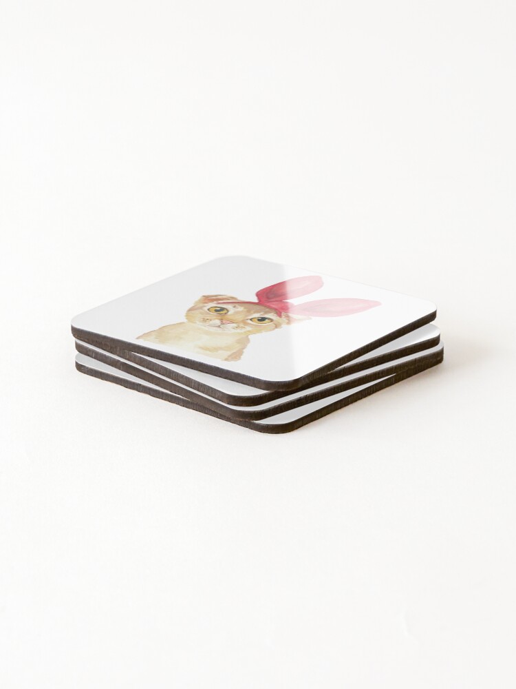 Thumbnail 4 of 5, Coasters (Set of 4), Cat Red Rabbit Ear Ribbon designed and sold by Cat2D.
