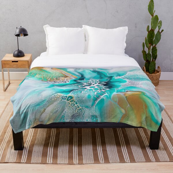 Green Lagoon Inspired Fluid Pour Art Painting with Gold and Grey Throw Blanket