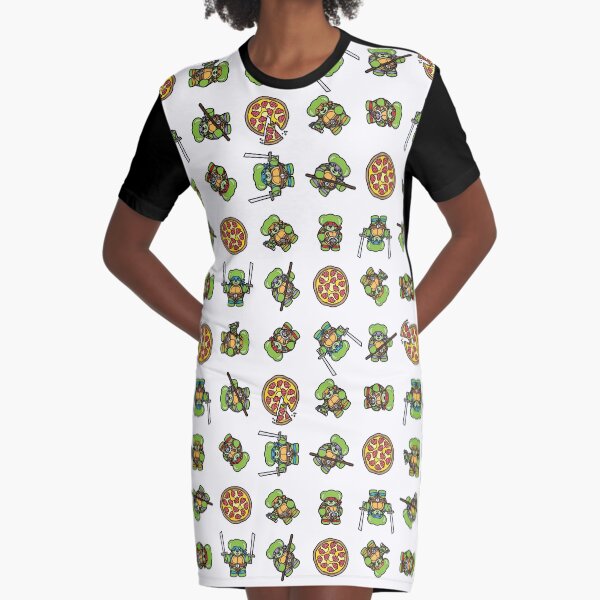 Pizza Loving Fighting Teddies - White Pattern Graphic T-Shirt Dress