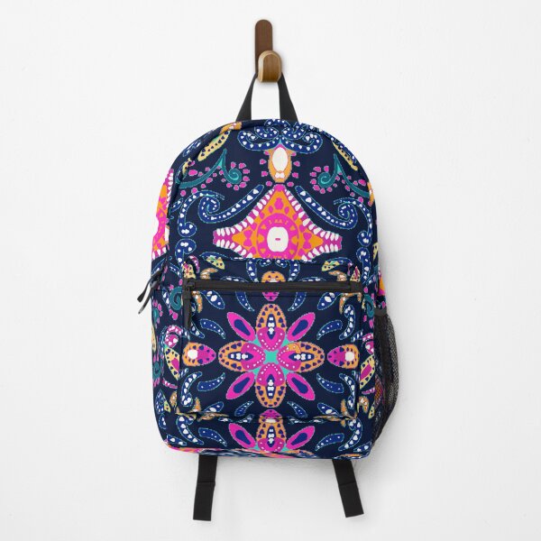 Item preview, Bohemian-tribal florals- pink ,yellow, orange on blue designed and sold by Urvashi Patel.