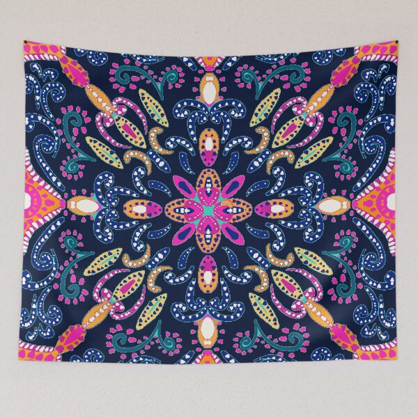 Item preview, Bohemian-tribal florals- pink ,yellow, orange on blue designed and sold by Urvashi Patel.