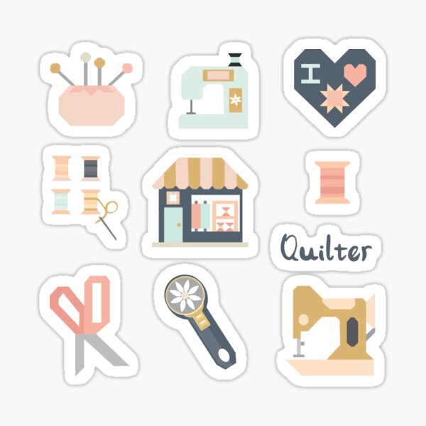 Quilter Sticker Pack : Quilt shop, pincushion, sewing machine, thread,  scissors, rotary cutter, heart **NOTE** Medium Size and larger recommended  for