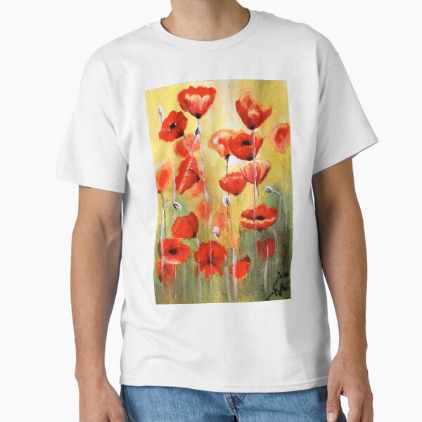 Poppy Meadow original watercolor painting red green yellow Classic T-Shirt
