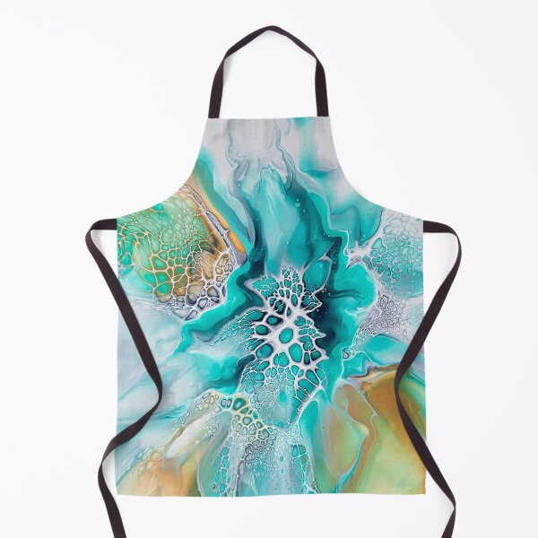 Green Lagoon Inspired Fluid Pour Art Painting with Gold and Grey Apron