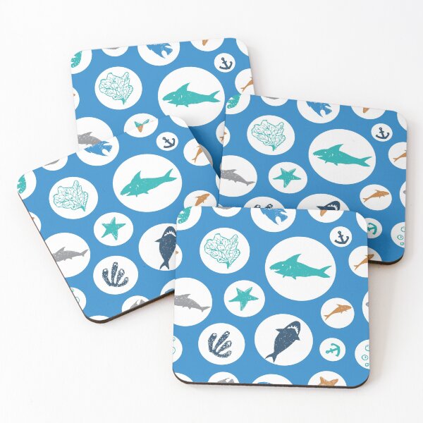 Item preview, Vector blue circles with colourful cute shark pen sketch repeat pattern. designed and sold by jamiesoondesign.