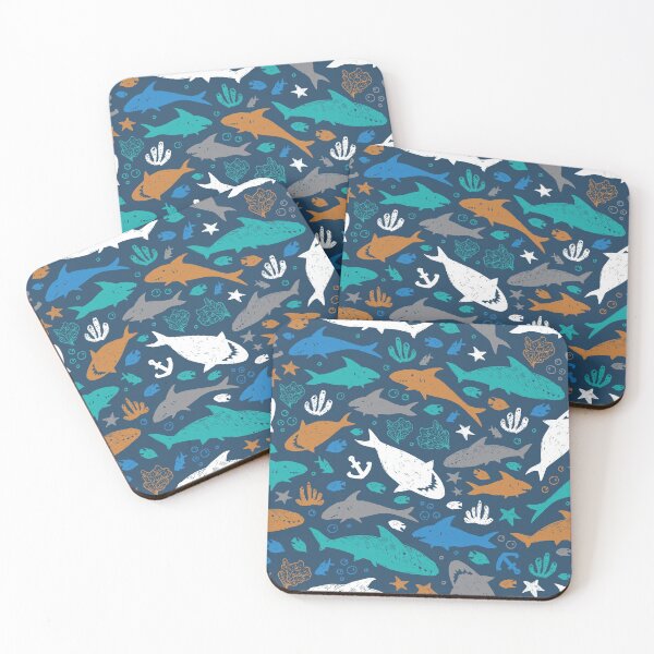 Item preview, Vector dark blue colourful cute shark pen sketch repeat pattern.  designed and sold by jamiesoondesign.