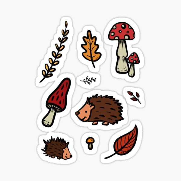 Autumn Illustration of Hedgehogs, Mushrooms and Leaves Sticker