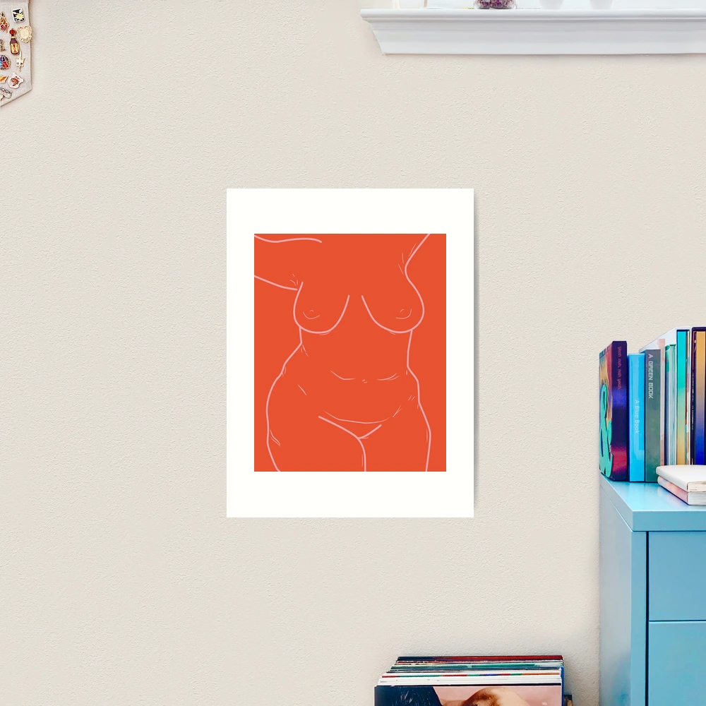 red and pink curvy lady woman nude body / line minimalist illustration