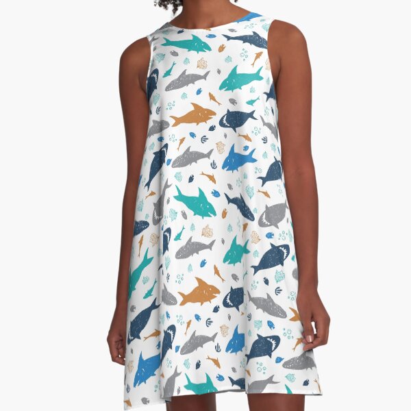 Item preview, Vector white colourful cute shark pen sketch rows repeat pattern. designed and sold by jamiesoondesign.