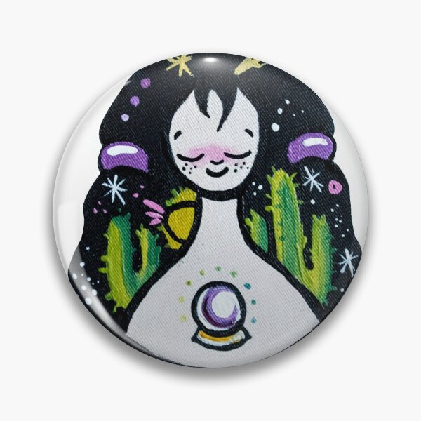 Item preview, Hand painted patch with love, groovy girl, cactus, crystal ball and cosmic aura, stars, pigtails, kawai girl, head, childish, nai drawing, spiritual mystical yoga eternal change present magic designed and sold by Mariuki Flow.